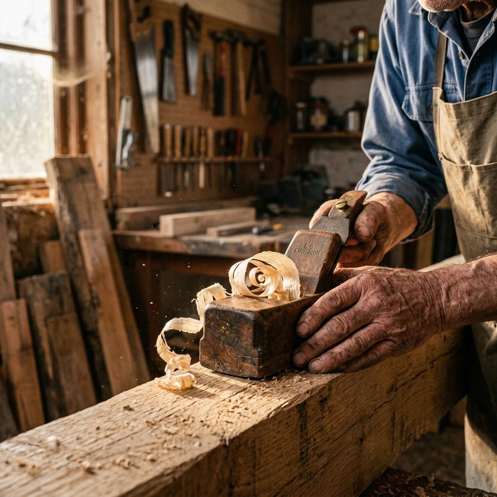 Craftsman hand-planing a solid oak beam in a wood workshop